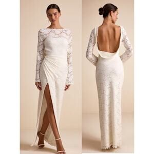 Lulus Odariya Lace Floral Cowl Back Maxi Wedding Dress Ivory Women's Size XL